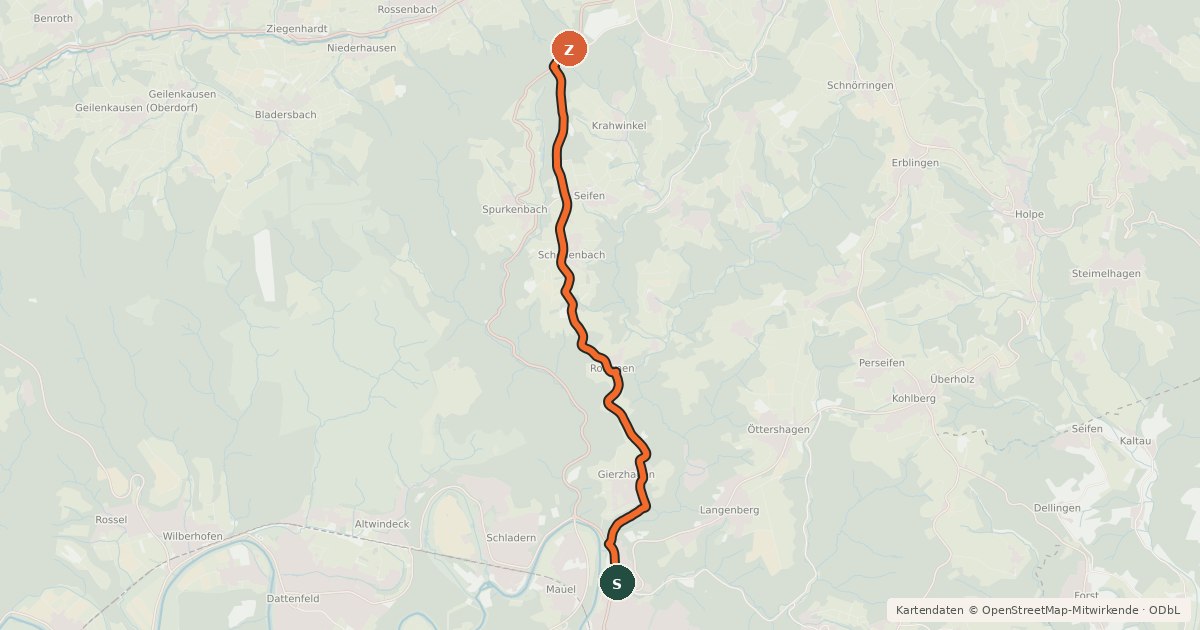Kartenübersicht der Radroute Windeck (64) - Waldbroel (77)