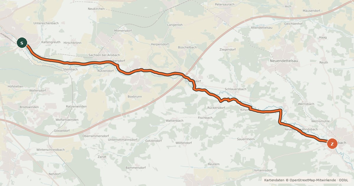 Kartenübersicht der Radroute Windsbach-Ansbach