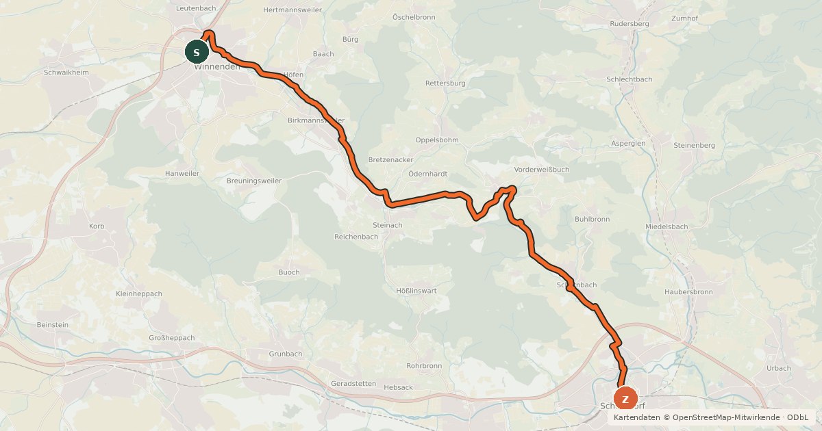 Kartenübersicht der Radroute Winnenden-Schorndorf