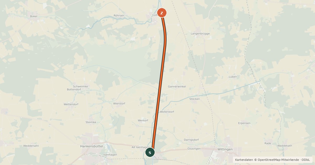 Kartenübersicht der Radroute Wittinger Sportboothafen (60) - Lüder Elbe-Seitenkanal West (00)