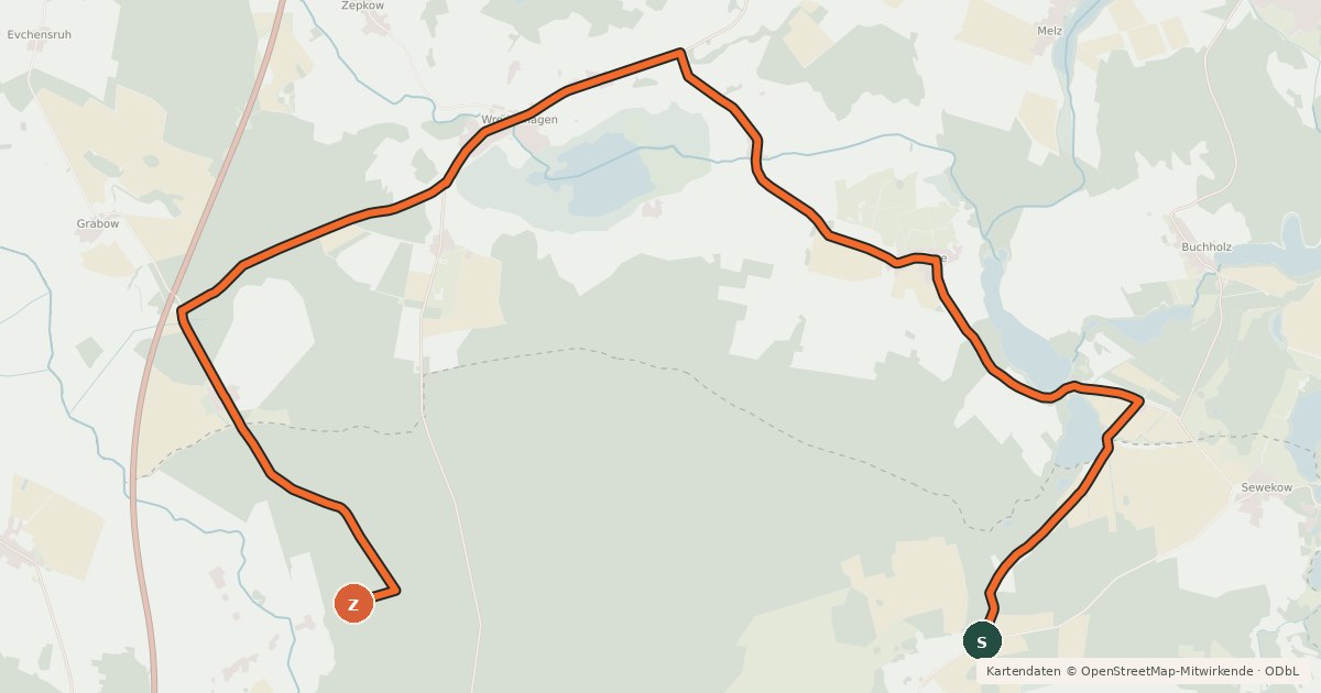 Kartenübersicht der Radroute Wittstock (11) - Wittstock (14)