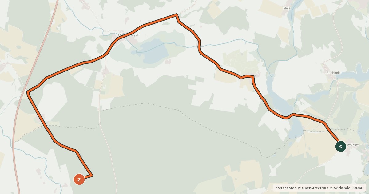Kartenübersicht der Radroute Wittstock (12) - Wittstock (14)