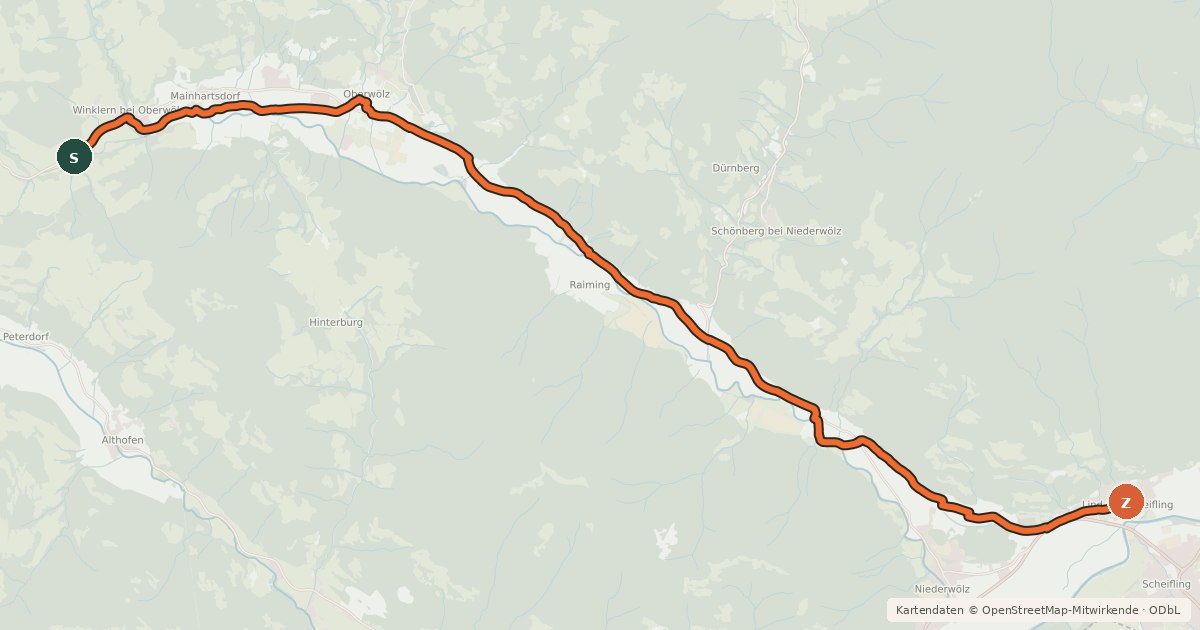 Kartenübersicht der Radroute Wölzer Radweg