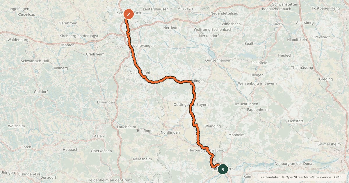 Kartenübersicht der Radroute Wörnitz-Radweg