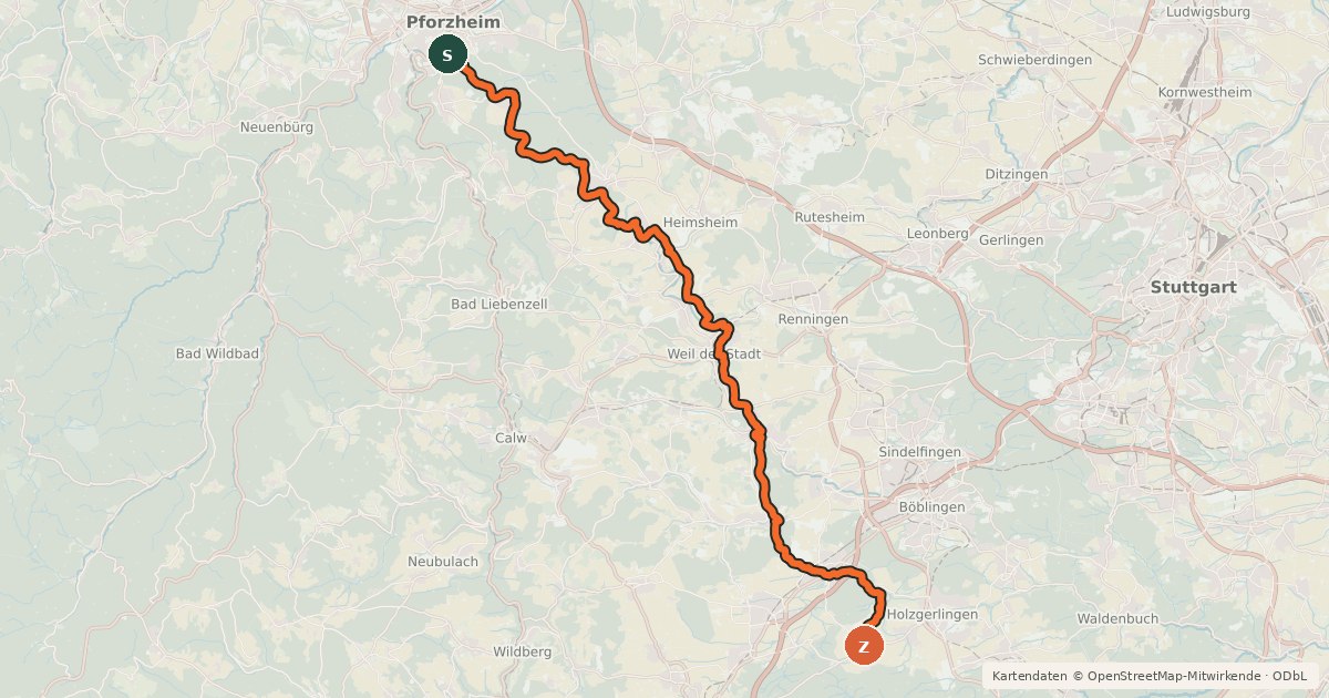 Kartenübersicht der Radroute Würm.Rad.Weg - Start Hildrizhausen