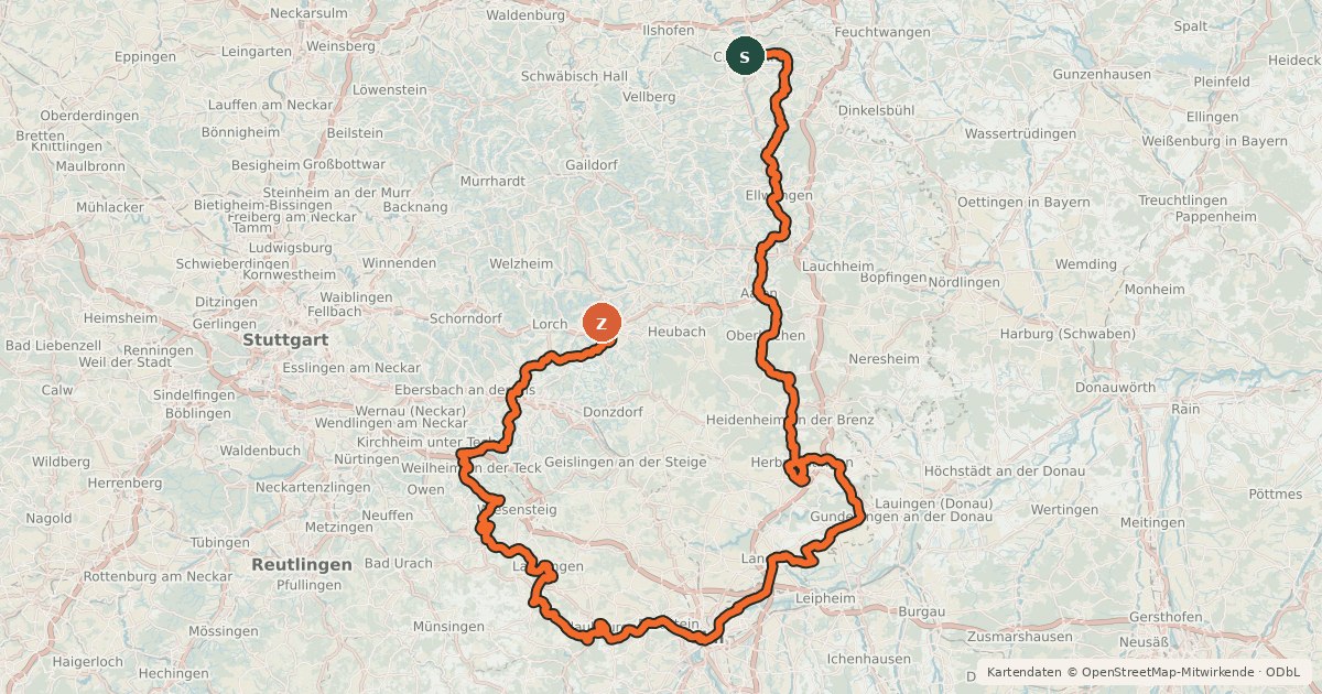 Kartenübersicht der Radroute Württemberger Tälerradweg