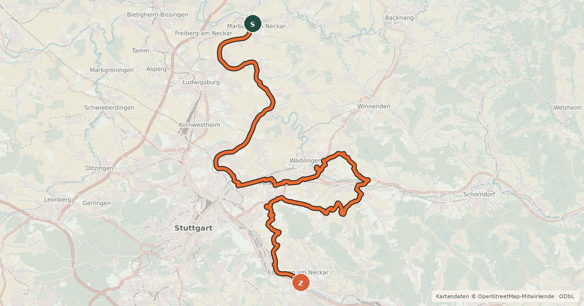 Kartenübersicht der Radroute Württemberger Weinradweg Etappe 5