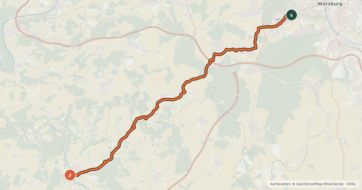 Kartenübersicht der Radroute Würzburg - Werbach (Alter D9-Verlauf)