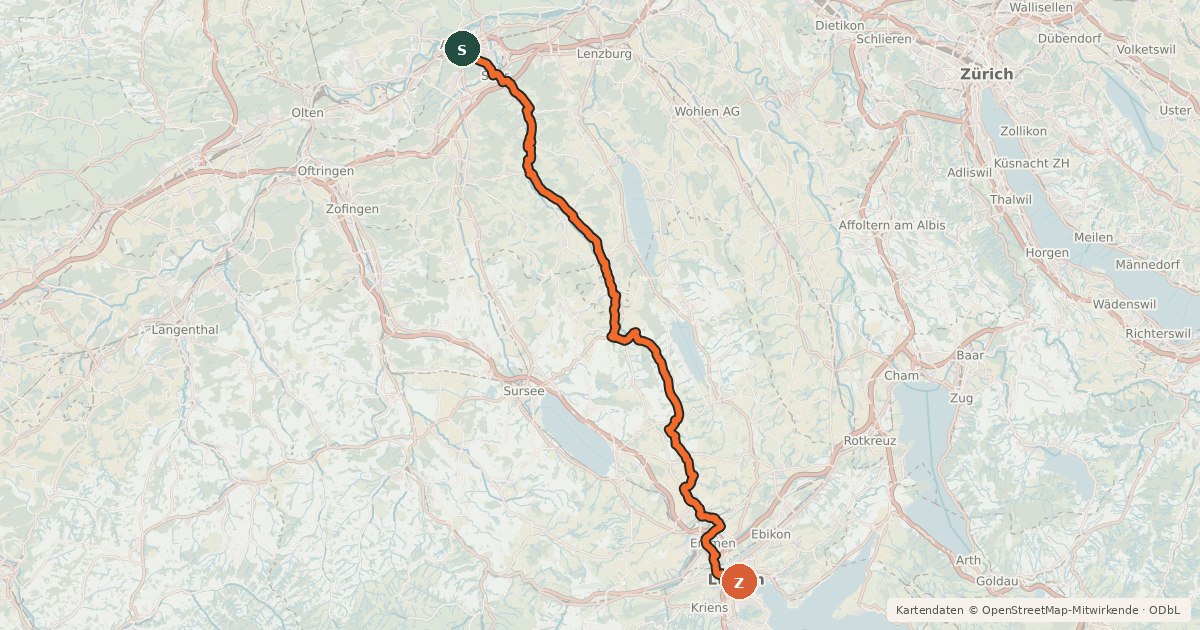 Kartenübersicht der Radroute Wynental-Route