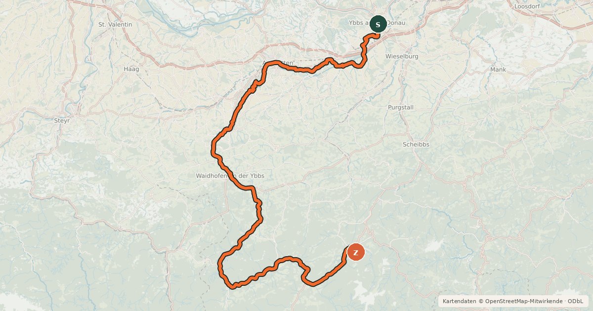 Kartenübersicht der Radroute Ybbstalradweg