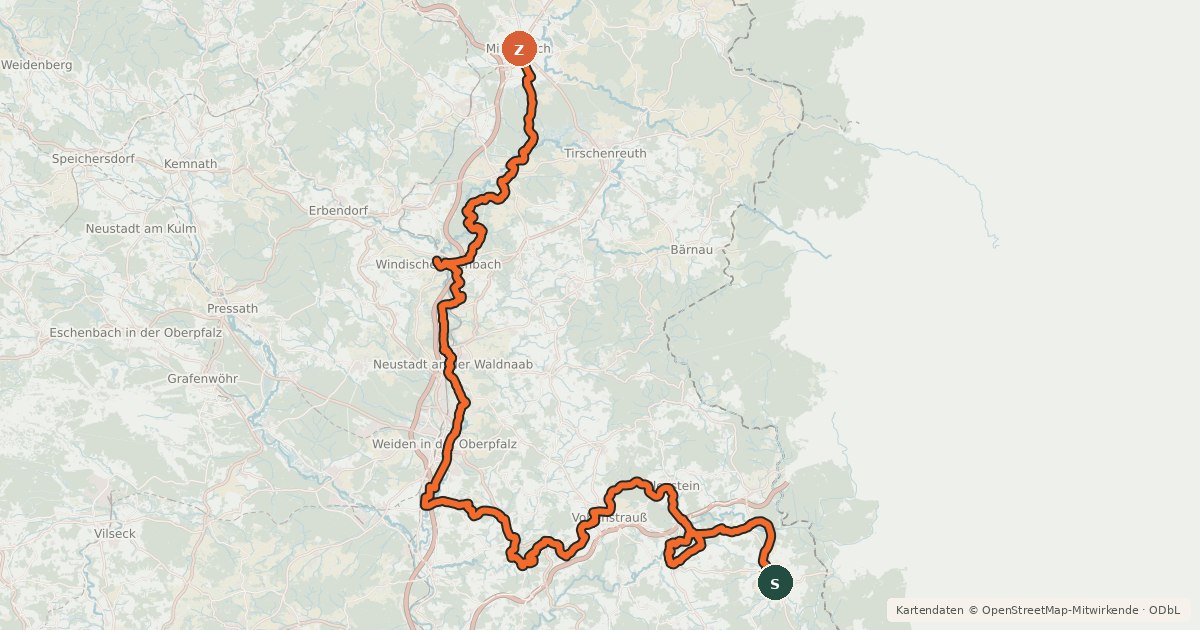 Kartenübersicht der Radroute Zoigl-Radweg