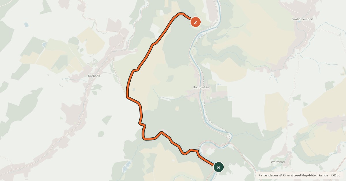 Kartenübersicht der Radroute Zschopautalradweg Variante Drebach