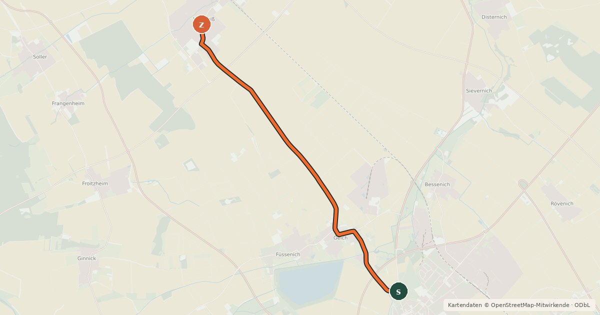Kartenübersicht der Radroute Zülpich (58) - Vettweiß (82)