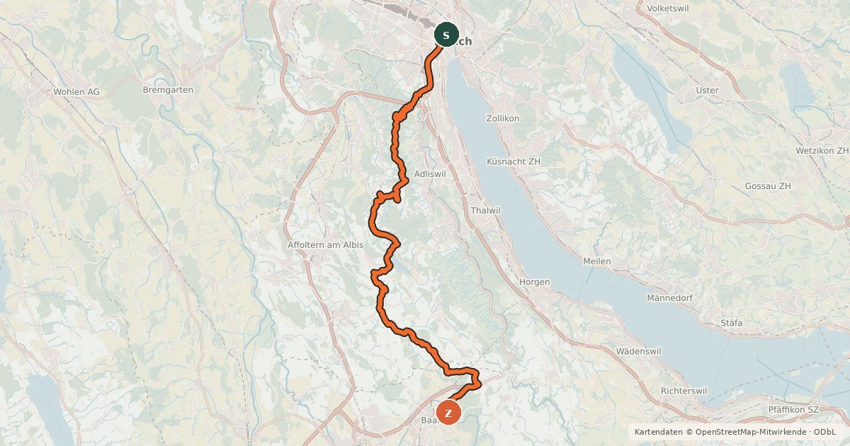 Kartenübersicht der Radroute Zürich-Einsiedeln Bike
