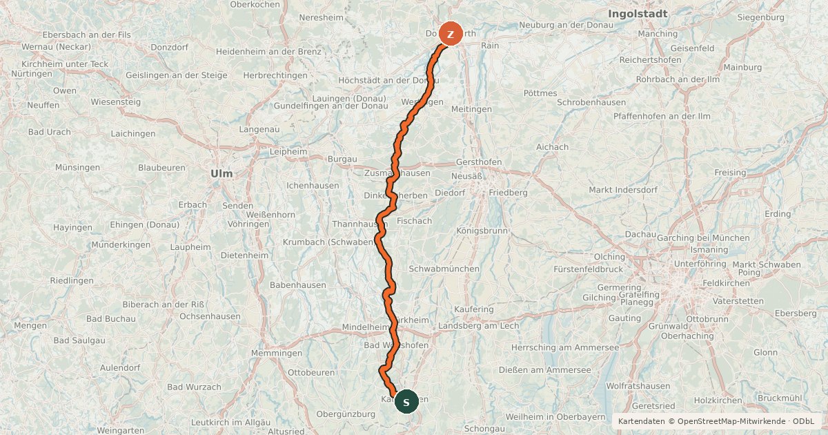 Kartenübersicht der Radroute Zusam-Radweg