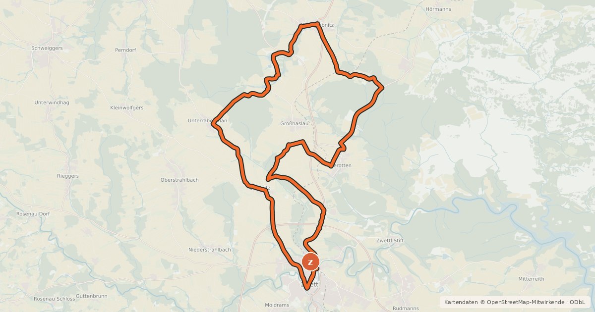 Kartenübersicht der Radroute Zwettl Radweg 1, blau