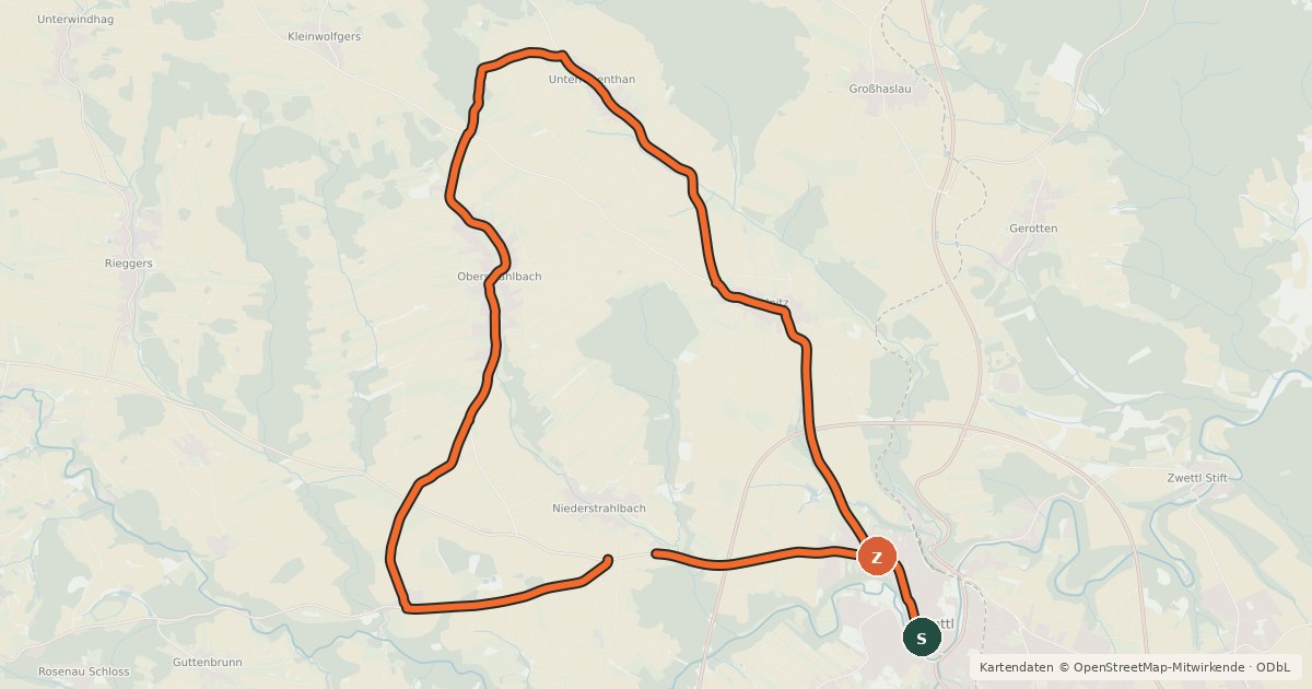 Kartenübersicht der Radroute Zwettl Radweg 2, gelb