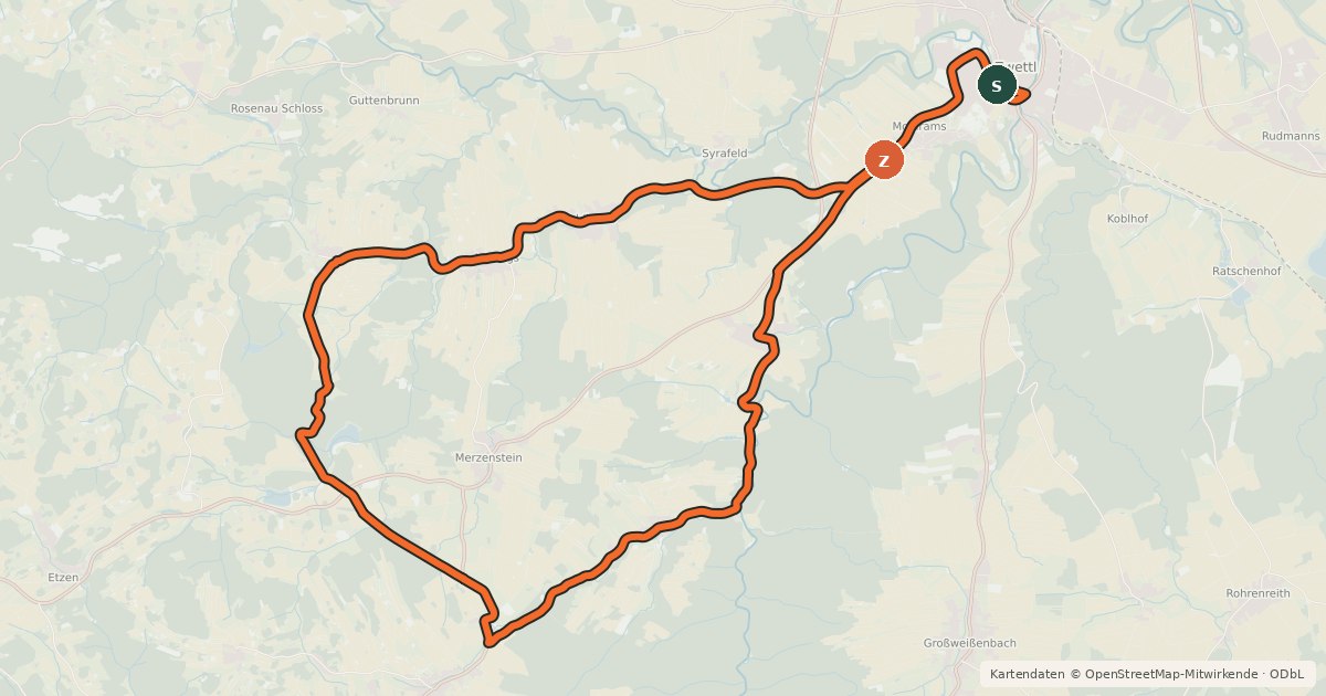 Kartenübersicht der Radroute Zwettl Radweg 4, orange