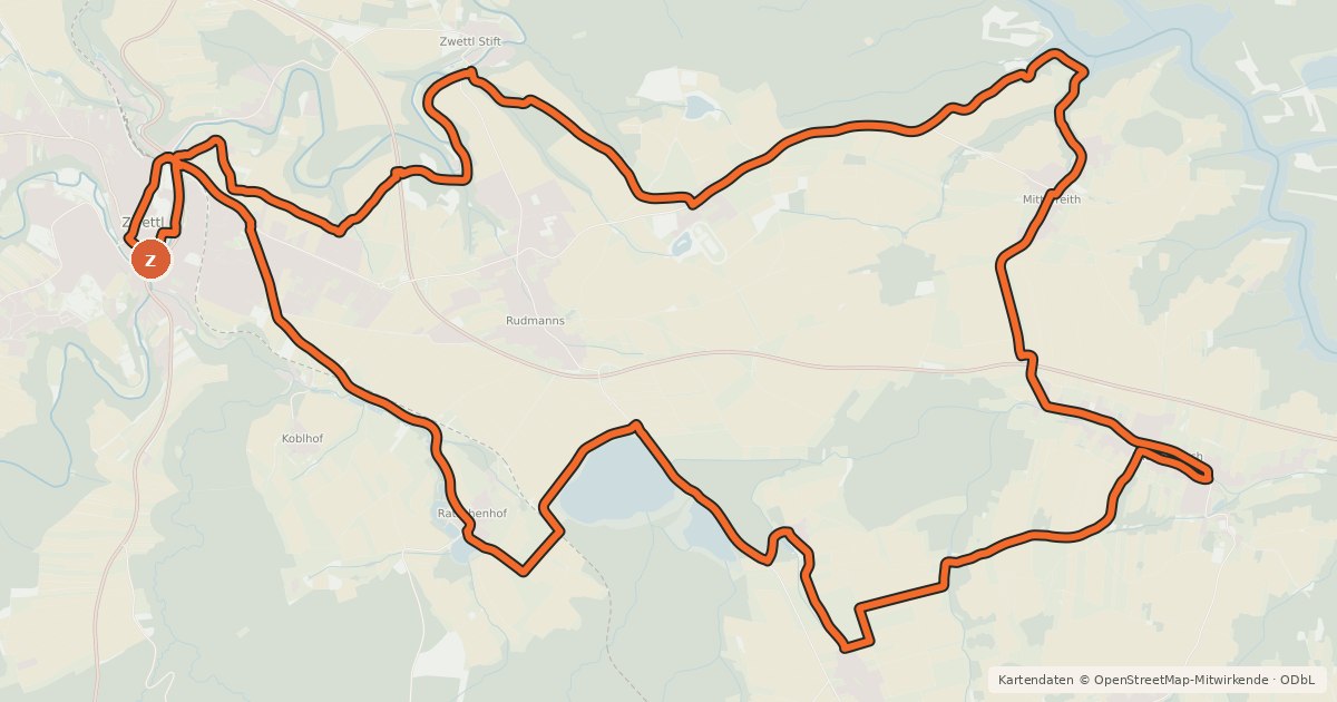 Kartenübersicht der Radroute Zwettl Radweg 5, rot