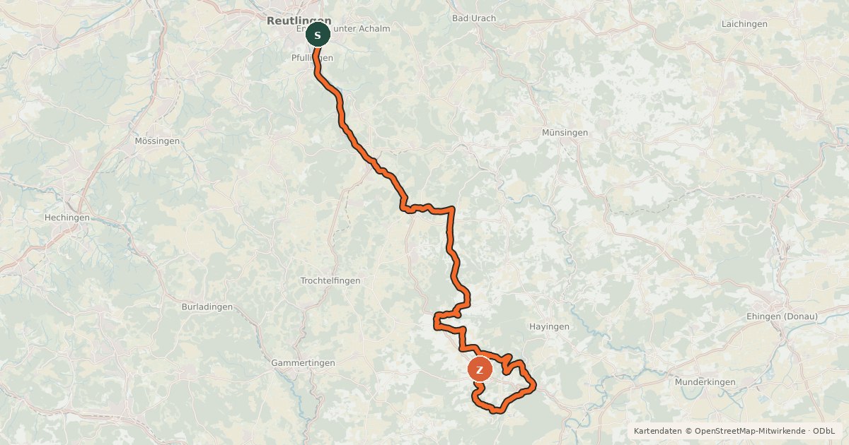 Kartenübersicht der Radroute Zwiefalter-Alb-Radweg